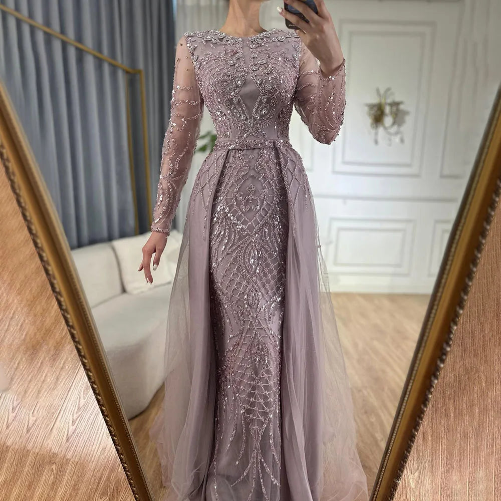 Serene Hill Muslim Silver Nude Mermaid Gown with Detachable Overskirt Beaded Evening Dress for Women Wedding Party LA71919 - SERENE HILL