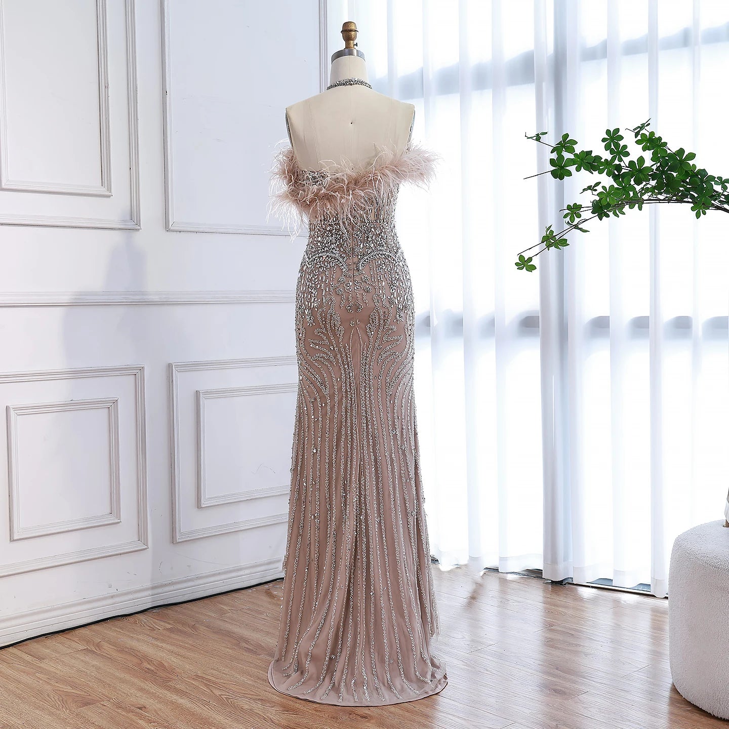 Luxury Nude Halter Feather Crystal Evening Dress LA73349 Nude / 6