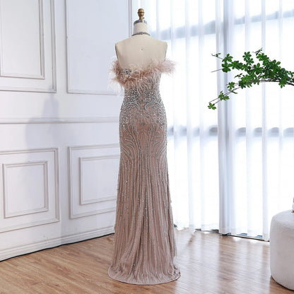 Luxury Nude Halter Feather Crystal Evening Dress LA73349 - SERENE HILL