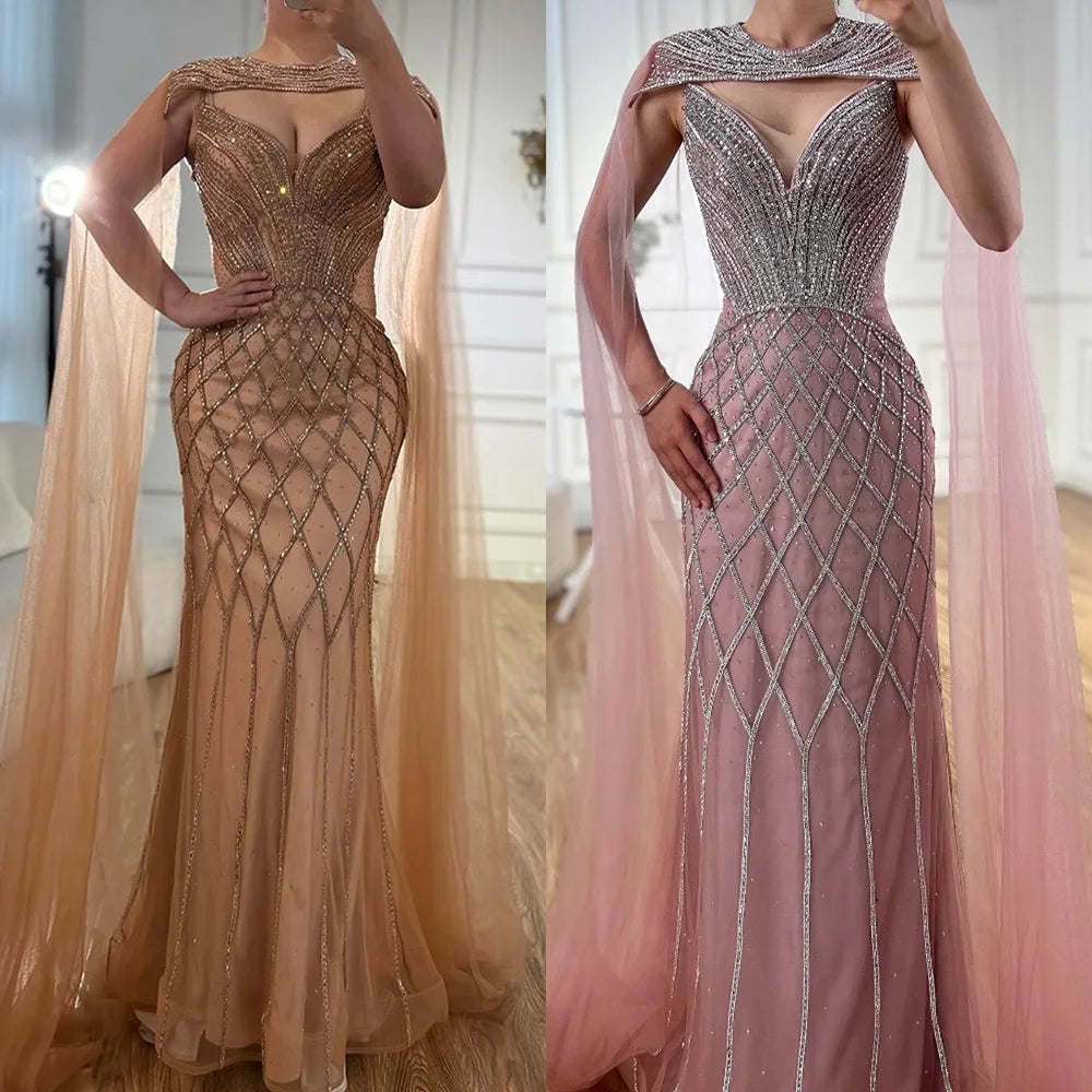 Luxury Nude Beaded Mermaid Evening Dress with Cape LA72814 - SERENE HILL