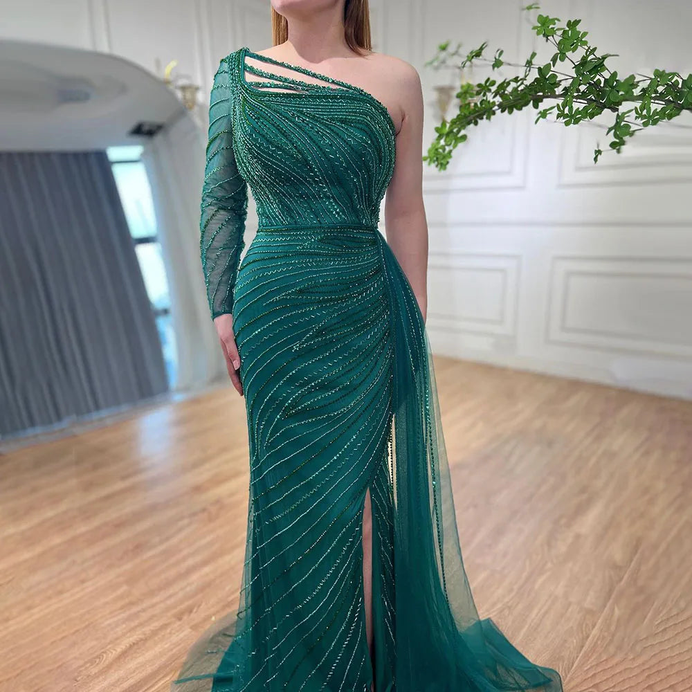 On Sale no return no refund Serene Hill Green One Shoulder Mermaid Split Open Evening Dresses Beaded Sexy Party Gowns 2025 For Women LA72046 - SERENE HILL
