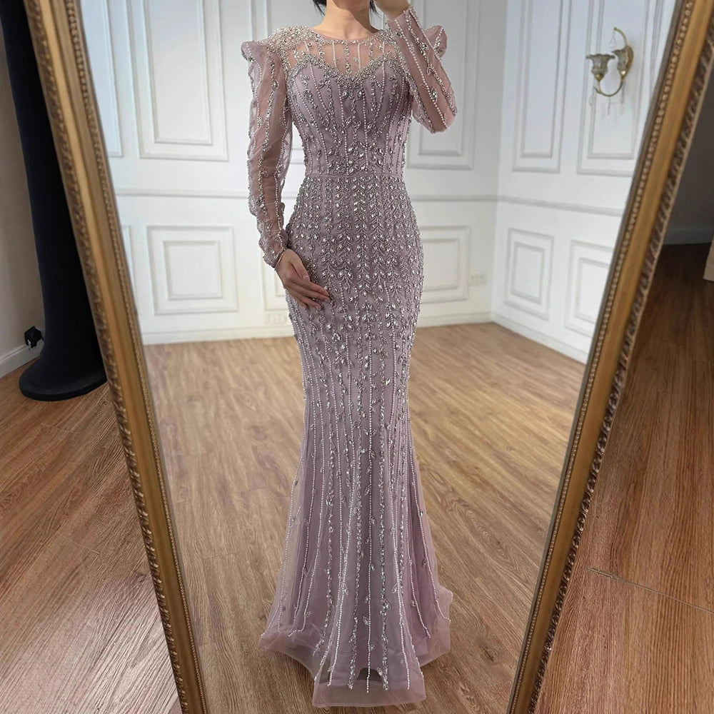 Luxury Dubai Pink Elegant Pearls Beaded Mermaid Evening Dress LA72826 - SERENE HILL