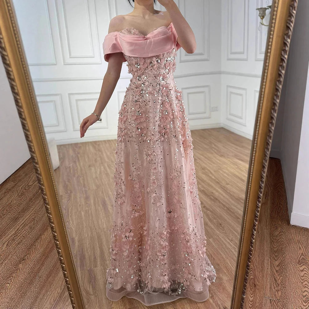 Luxury Pink A-Line Evening Dress with 3D Flowers &amp; Beads LA73157 - SERENE HILL