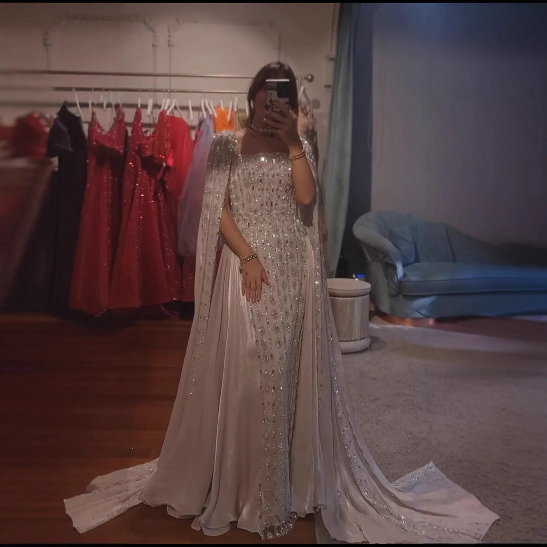Luxury Silver Dubai Crystal Evening Dress with Cape LA73272 SERENE HILL Luxury Silver Dubai Crystal Evening Dress with Cape LA73272 SERENE HILL