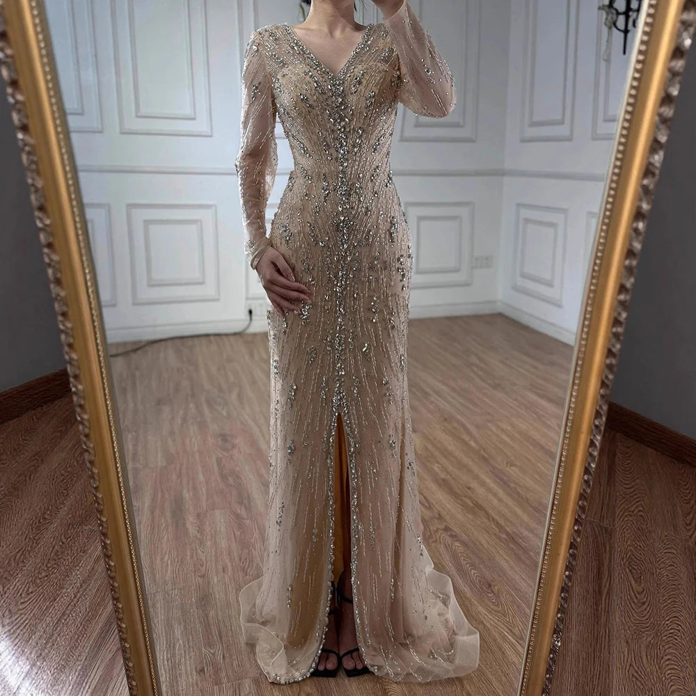 Luxury Turquoise Crystal Beaded Evening Dress Elegant Slit Gown LA73179 - SERENE HILL