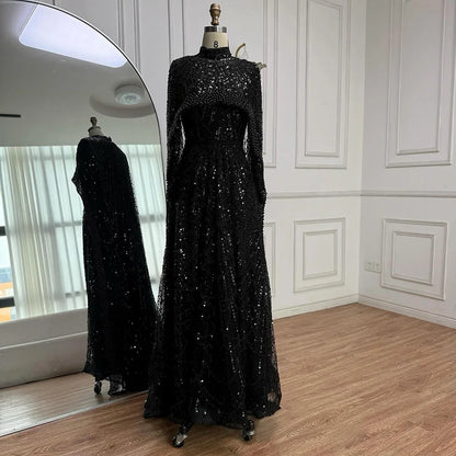 Luxury Modest Sage Green Evening Dress with Pearls LA72032B - SERENE HILL