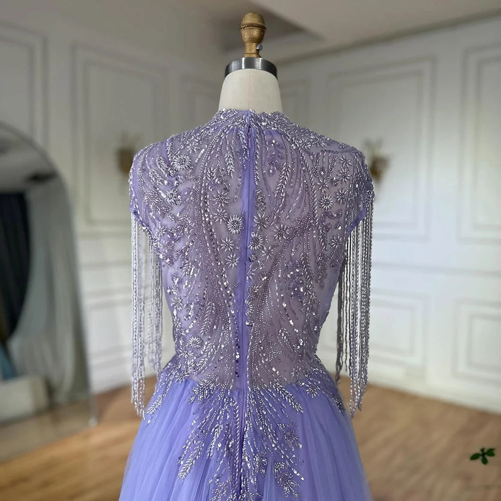 Serene Hill 2025 Arabic lilac Elegant A Line Beaded Tassel Luxury Dubai Evening Dresses Gowns for Woman Wedding Party LA72422 - SERENE HILL