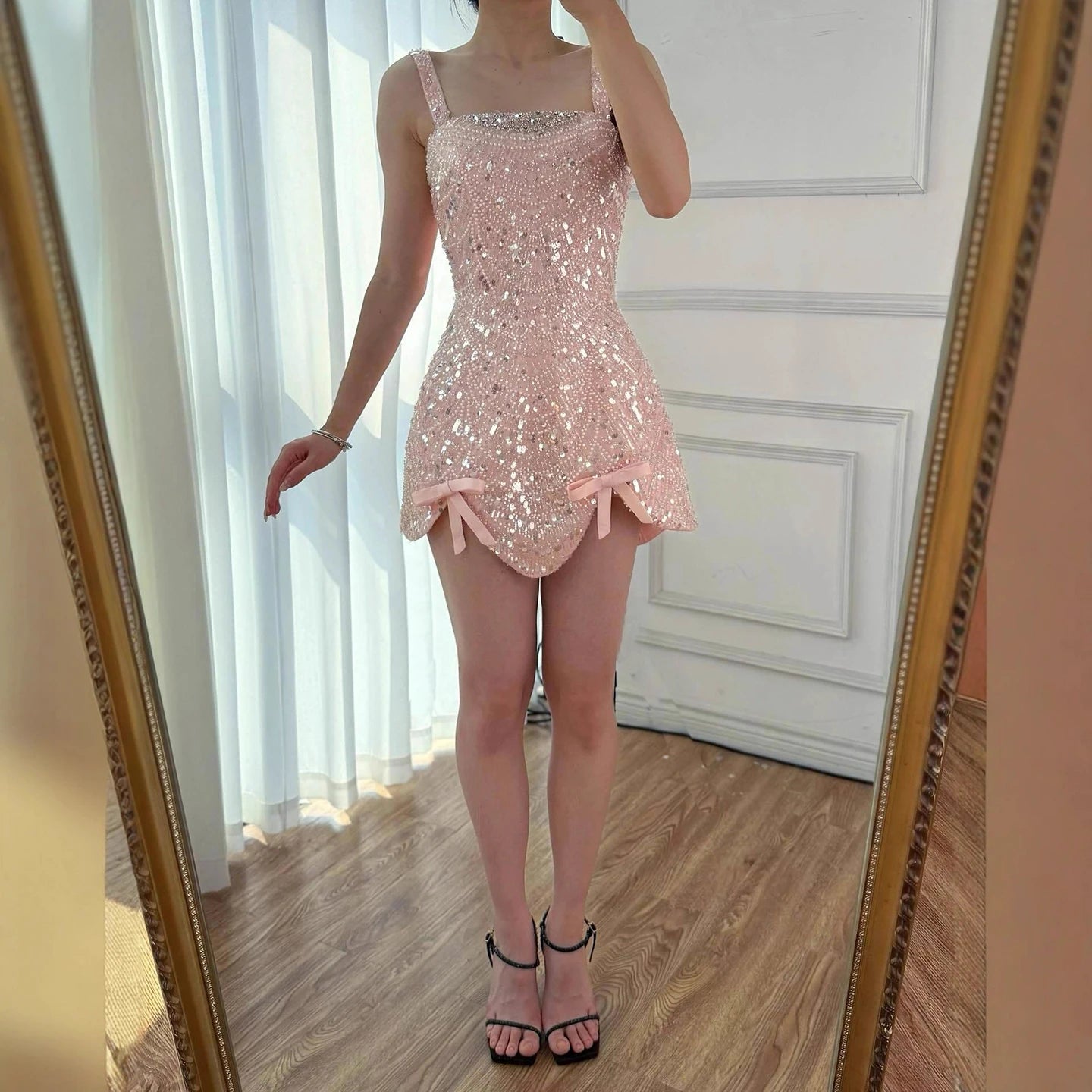 Luxury Nude Pearl Beaded A-Line Mini Evening Dress LA73211 - SERENE HILL