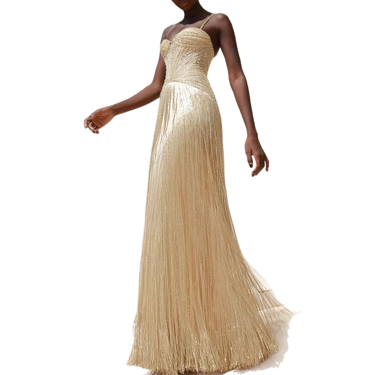 Luxury Arabic Gold Mermaid Beaded Tassel Evening Dress LA73446 - SERENE HILL
