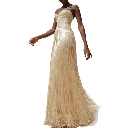 Luxury Arabic Gold Mermaid Beaded Tassel Evening Dress LA73446 - SERENE HILL