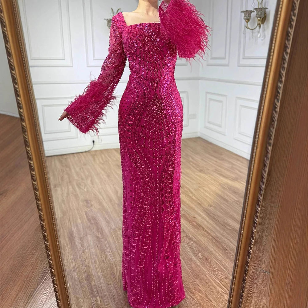 Fuchsia Luxury Dubai Evening Dress Long Sleeves with Feather LA72565 –  SERENE HILL