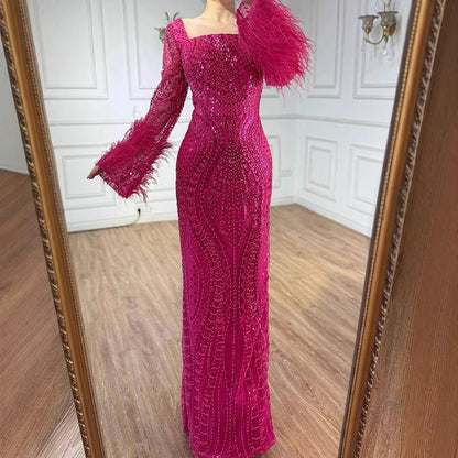 Luxury Fuchsia Dubai Evening Dress Long Sleeves with Feather LA72565 - SERENE HILL
