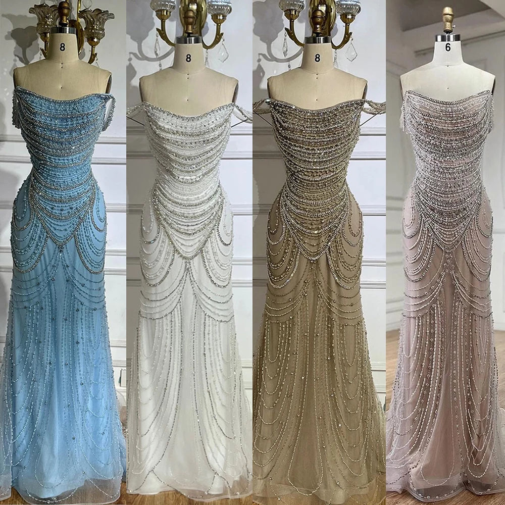 Luxury Crystal Silver Gray Pearl Beaded Evening Dress LA72253 - SERENE HILL