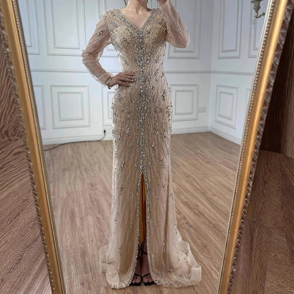 Luxury Turquoise Crystal Beaded Evening Dress Elegant Slit Gown LA73179 - SERENE HILL
