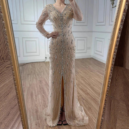 Luxury Turquoise Crystal Beaded Evening Dress Elegant Slit Gown LA73179 - SERENE HILL