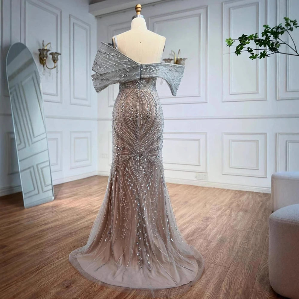 Luxury Silver Nude Off Shoulder Mermaid Evening Dress LA72878 - SERENE HILL