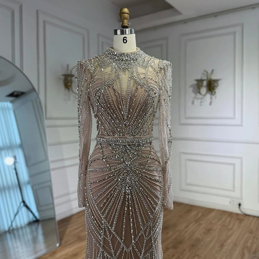 Modest Caramel High Collar Evening Dress for Wedding Guest LA73203 - SERENE HILL