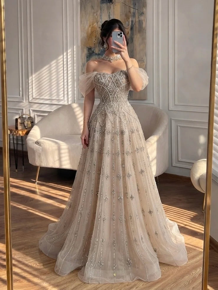 Luxury Gray Blue A-Line Dreamy Beaded Evening Dress With Necklace LA73397 SERENE HILL