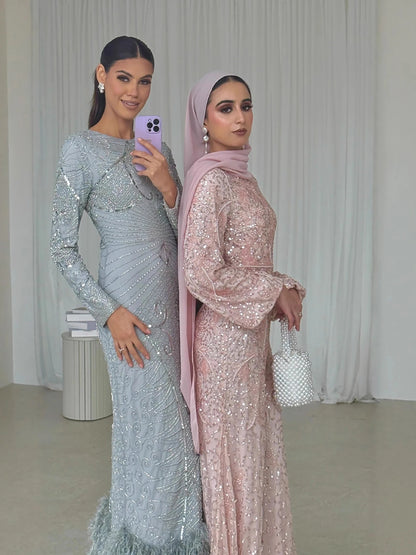 Luxury Pink Pearls Beaded Muslim Mermaid Evening Dress LA73417 - SERENE HILL