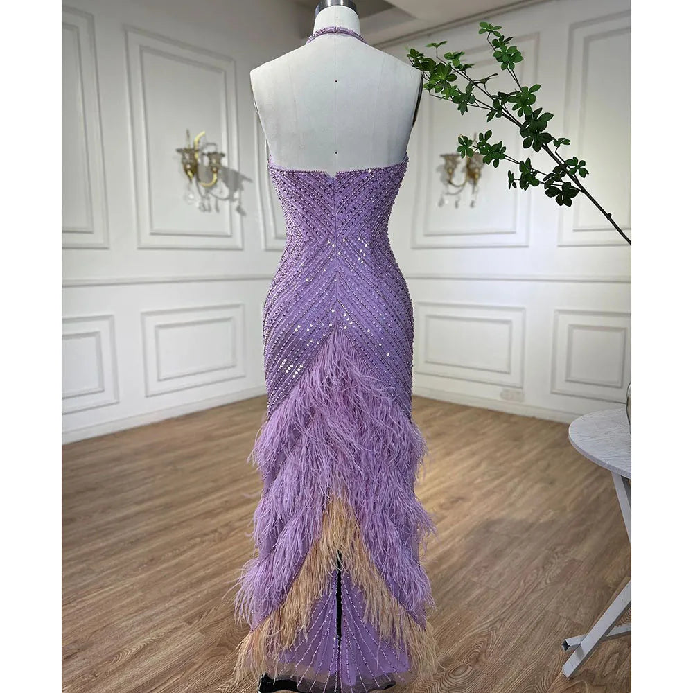 Lilac Feather Halter Mermaid Luxury Dubai Evening Dress LA72056 - SERENE HILL