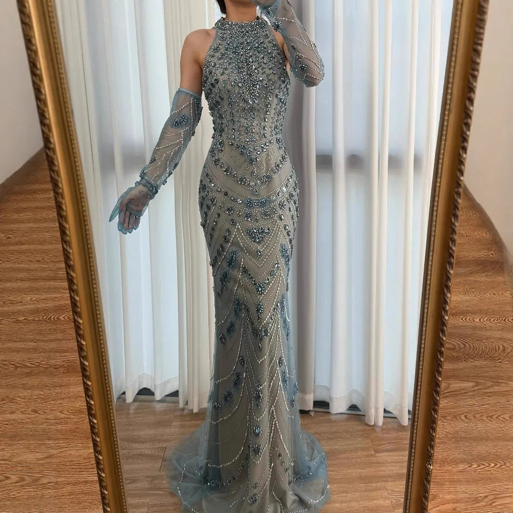 Luxury Dubai Arabic Blue Beaded Evening Dress with Gloves LA72760A - SERENE HILL