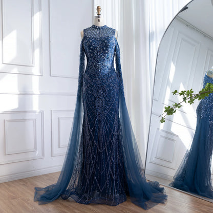 Luxury Dubai Navy Blue Beaded Lace Evening Dress with Cape Sleeves LA73323 - SERENE HILL