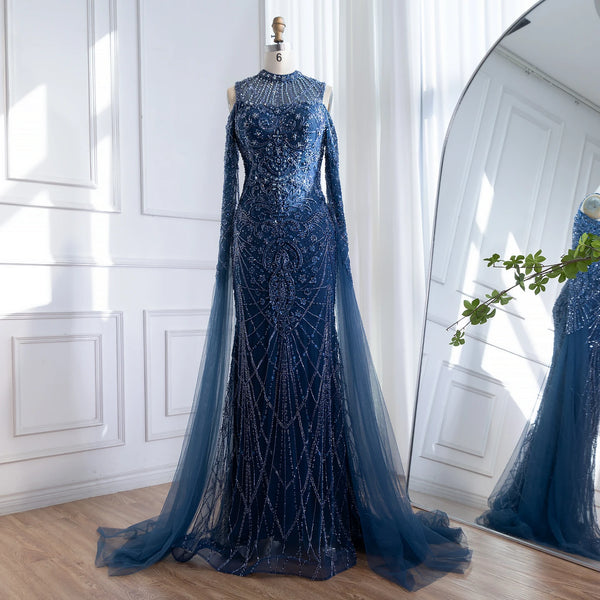 Luxury Dubai Navy Blue Beaded Lace Evening Dress with Cape Sleeves LA73323