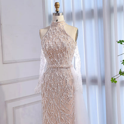 Luxury Lace Pearls Halter Mermaid Evening Dress With Glove White Nude LA72345F - SERENE HILL