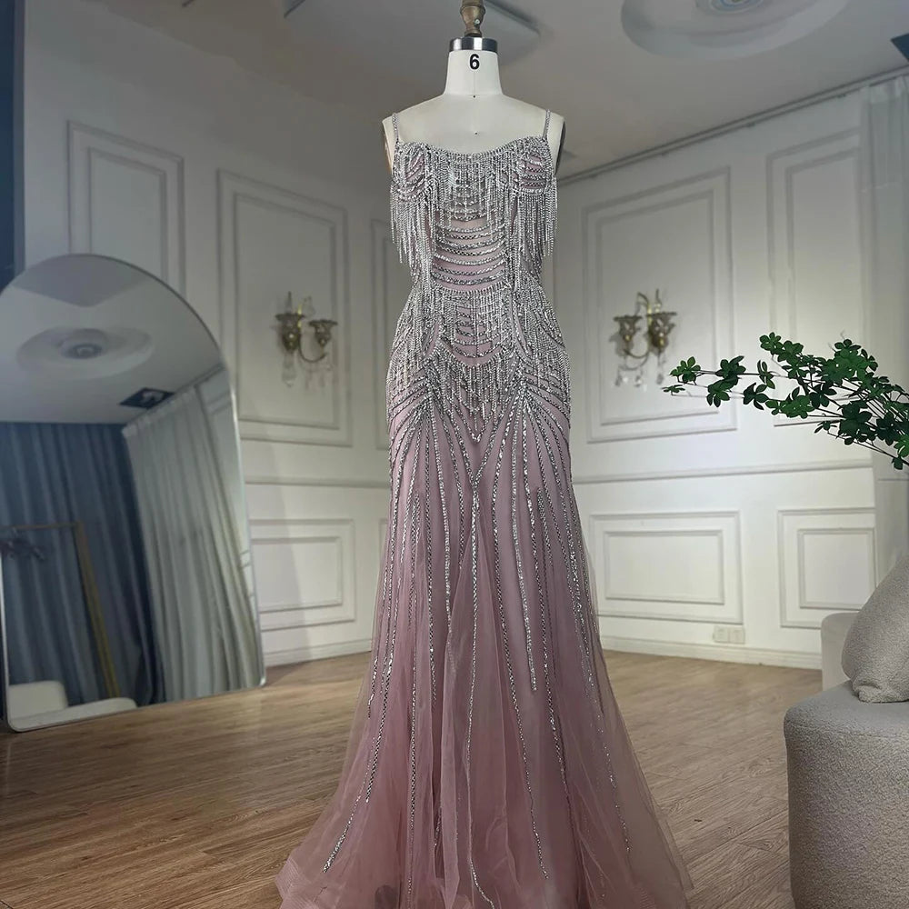 Luxury Nude Pink Crystal Tassel Mermaid Evening Dress LA72772 - SERENE HILL
