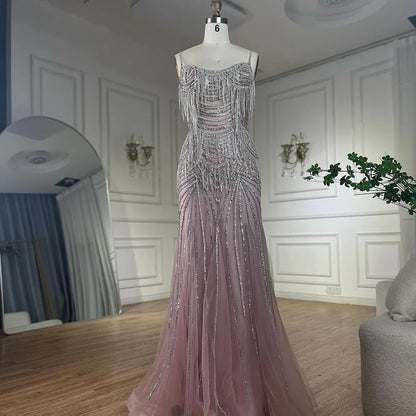 Luxury Nude Pink Crystal Tassel Mermaid Evening Dress LA72772 - SERENE HILL