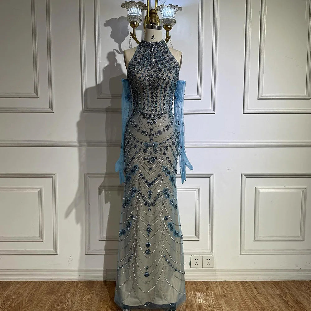 Luxury Dubai Arabic Blue Beaded Evening Dress with Gloves LA72760A - SERENE HILL