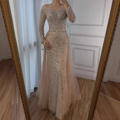 Muslim Nude Mermaid Evening Dress with Overskirt Split Beaded LA71995 - SERENE HILL