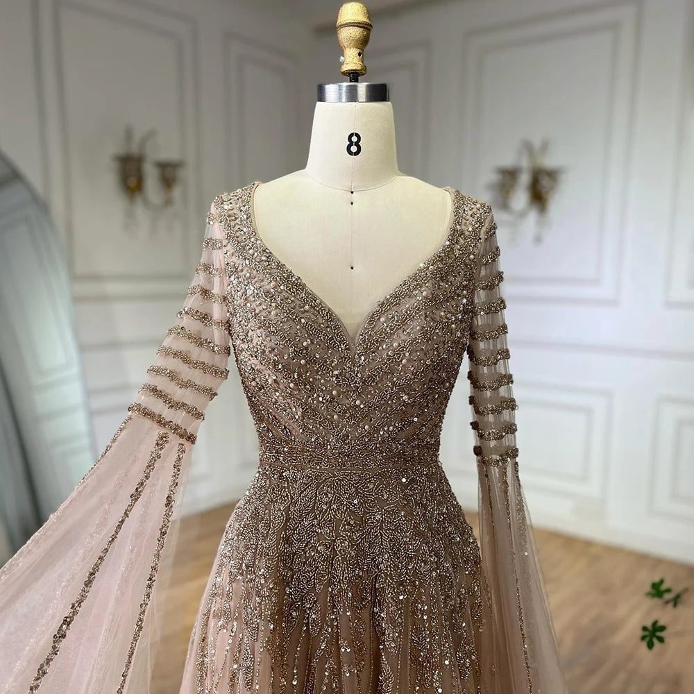 Luxury Dubai Arabic Caramel Elegant A-Line Beaded Long Evening Dresses Gowns with Cape Sleeves for Formal Occasion LA72750 - SERENE HILL