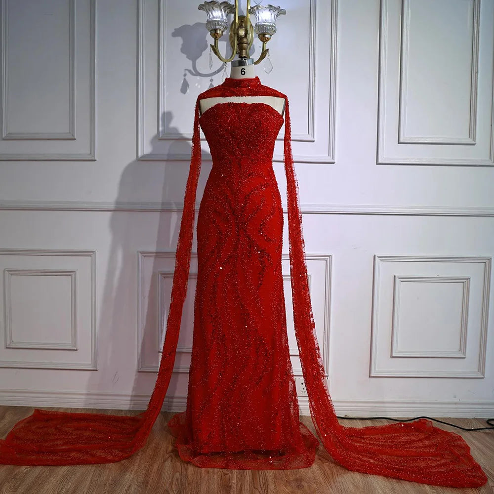 Luxury Nude Beaded Evening Dress with Cape Sleeves LA72824 - SERENE HILL