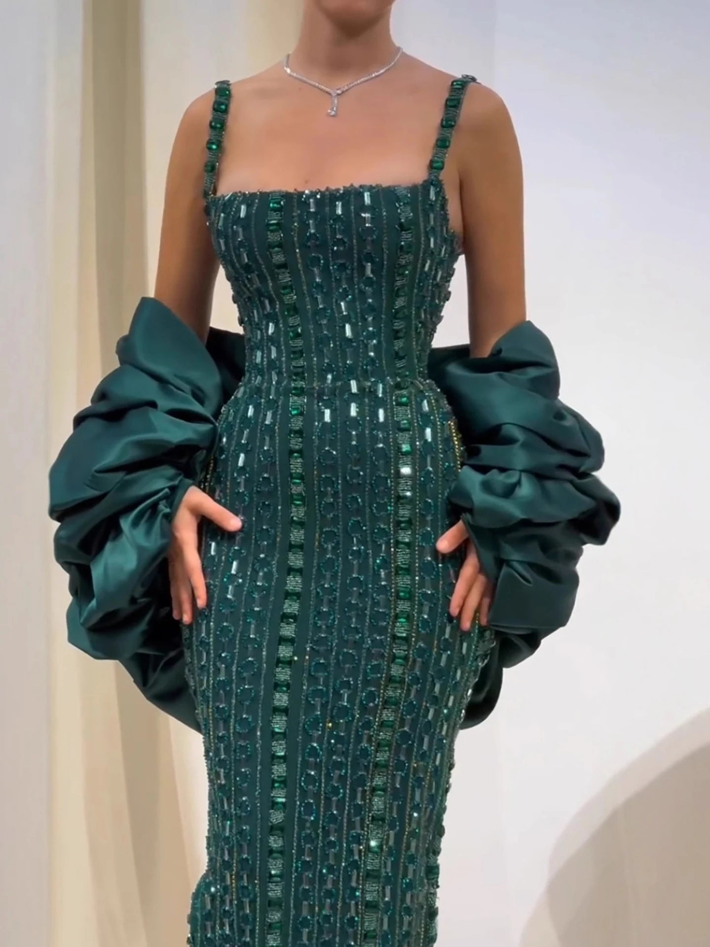Luxury Kosovo Green Square Beaded Evening Dress with Cape LA73355 - SERENE HILL