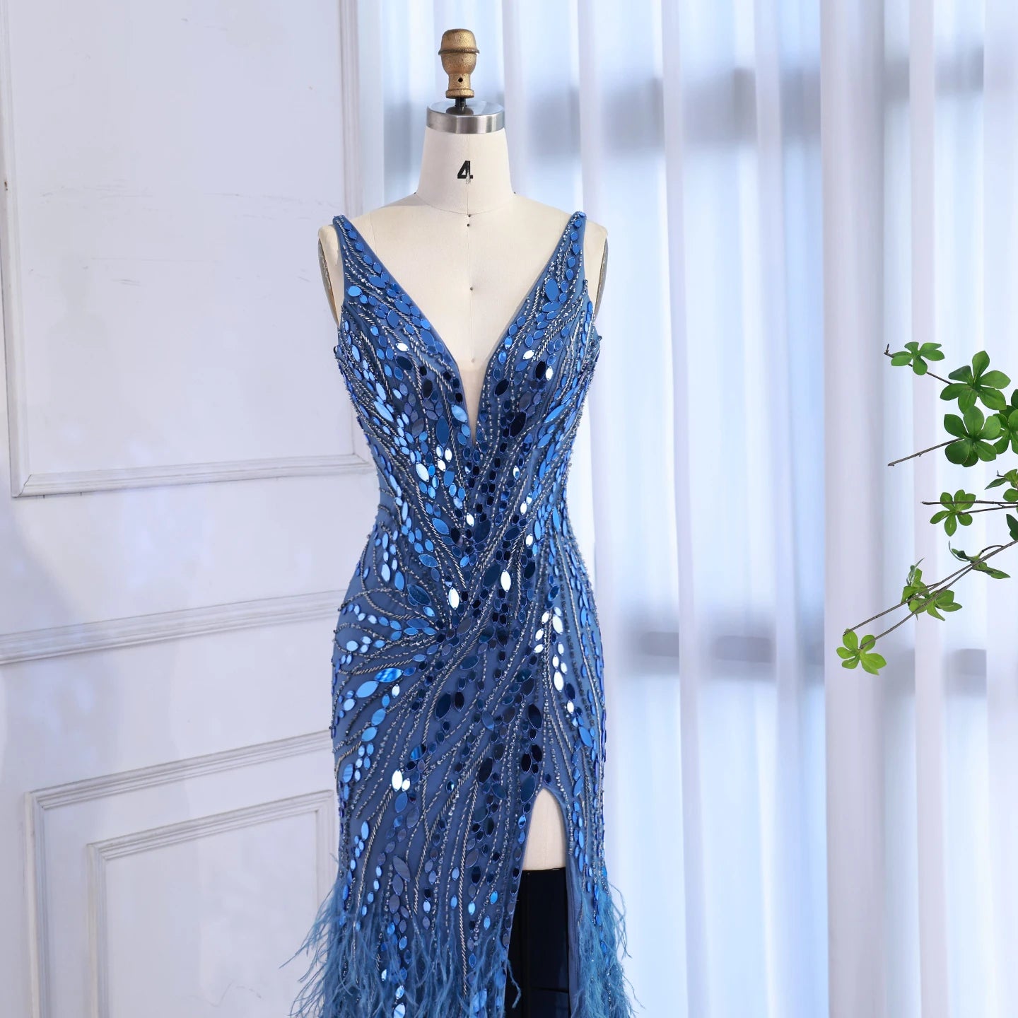 Luxury Blue Beaded Feather Mermaid Evening Dress LA73369 - SERENE HILL