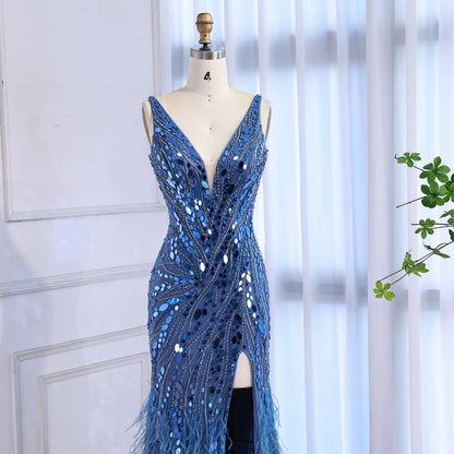 Luxury Blue Beaded Feather Mermaid Evening Dress LA73369 - SERENE HILL