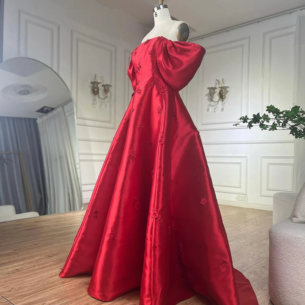 Luxury Dubai Saudi Arabia Elegant Off-Shoulder Wine Red A Line Evening Dress with Appliques Gown for Formal Occasion LA72778 - SERENE HILL