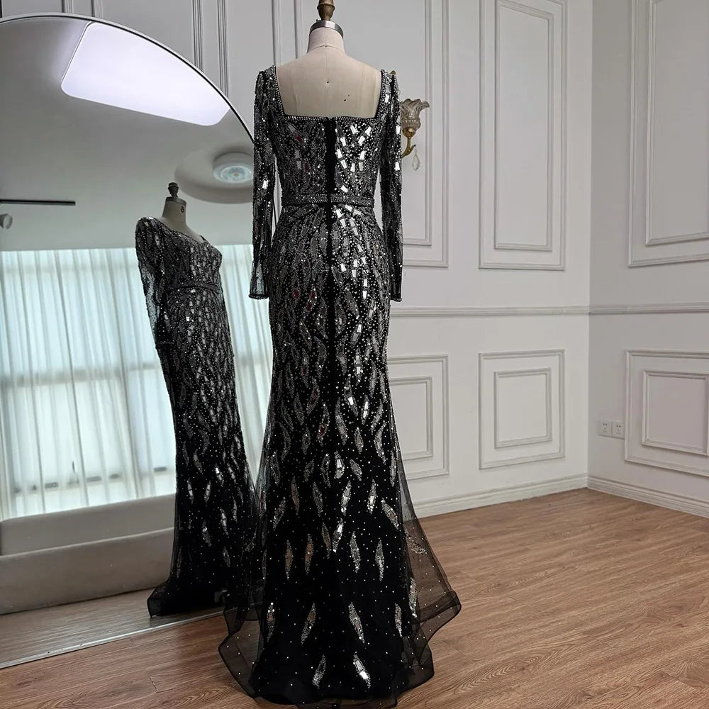 Luxury Black Silver Sequin Long Sleeve Mermaid Evening Dress LA73113 - SERENE HILL