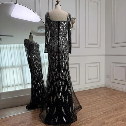 Luxury Black Silver Sequin Long Sleeve Mermaid Evening Dress LA73113 - SERENE HILL