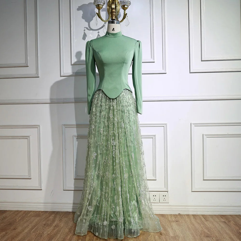 Luxury Sage Green Muslim Beaded Evening Dress LA72805A - SERENE HILL
