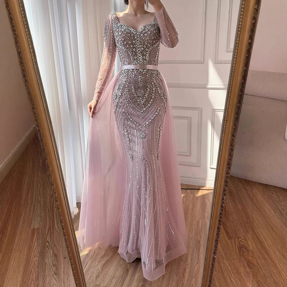 Luxury Nude Beaded Mermaid Evening Dress with Overskirt LA73190 - SERENE HILL