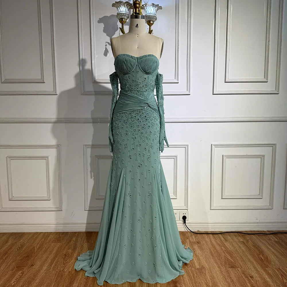 Luxury Turquoise Strapless Beaded Evening Dress with Gloves LA72933 Turquoise / 2