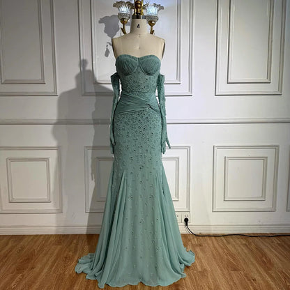 Luxury Turquoise Beaded Evening Dress with Gloves LA72933 - SERENE HILL