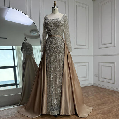 Luxury Dubai Arabic Muslim Caramel Mermaid Beaded Evening Gown with Overskirt LA72533A - SERENE HILL