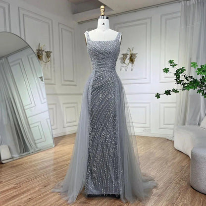 Serene Hill Sexy Silver Mermaid Detachable Skirt Beaded Luxury Arabic Evening Dresses Gowns 2025 For Women Party LA71618 - SERENE HILL