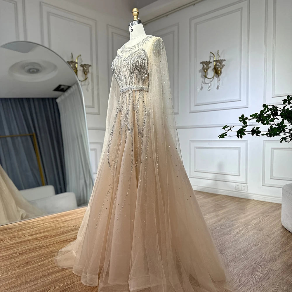 Luxury Dubai Nude Blue Elegant A-Line Beaded Long Arabic Evening Dresses Gowns with Cape Sleeves for Formal Occasion LA72785 - SERENE HILL