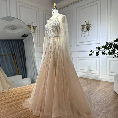 Luxury Dubai Nude Blue Elegant A-Line Beaded Long Arabic Evening Dresses Gowns with Cape Sleeves for Formal Occasion LA72785 - SERENE HILL