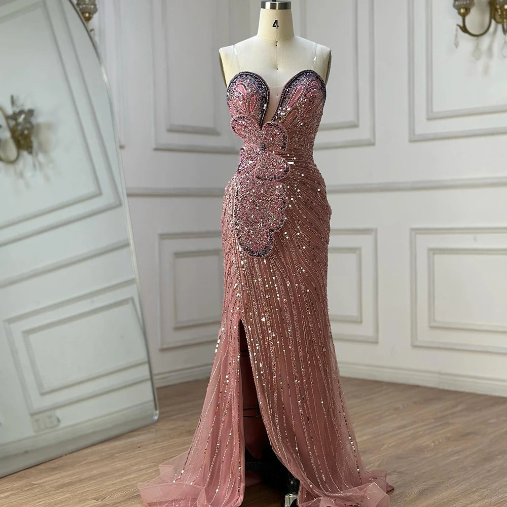 Luxury Dubai Saudi Arabic Pink Mermaid Evening Dress with High Split for Formal Occasion LA72480 - SERENE HILL