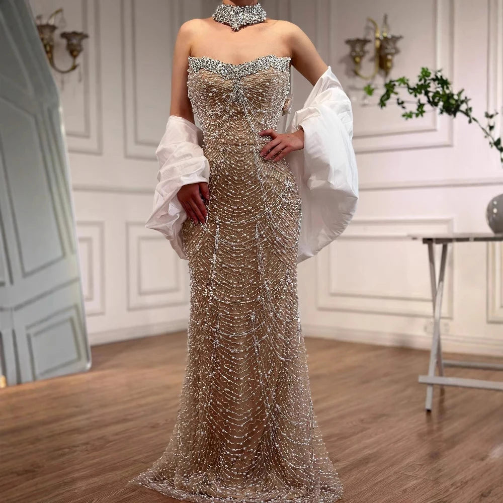 Luxury Famous White Nude Pearls Beaded Mermaid Evening Dress With Cape LA72802 - SERENE HILL
